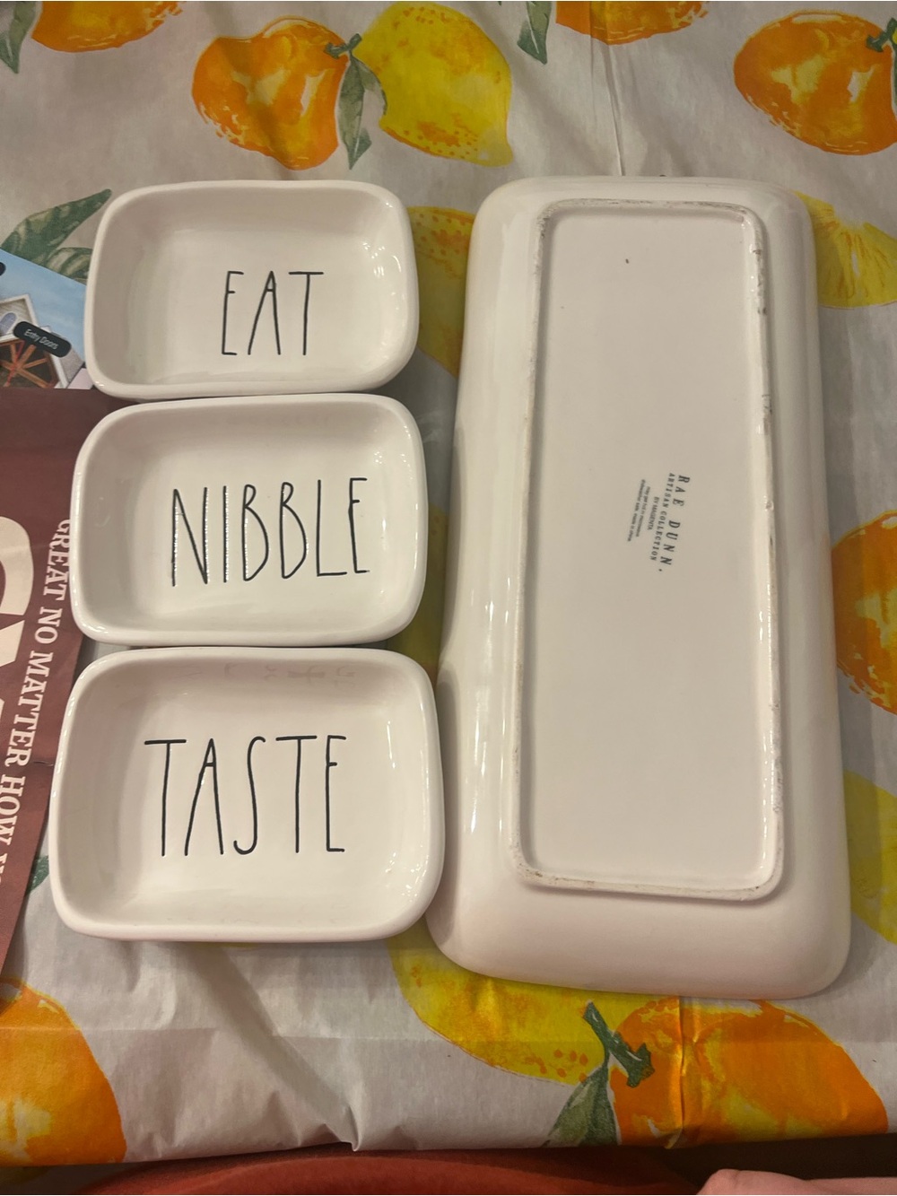 Rae Dunn White Ceramic Trio Snack Dishes - EAT NIBBLE TASTE